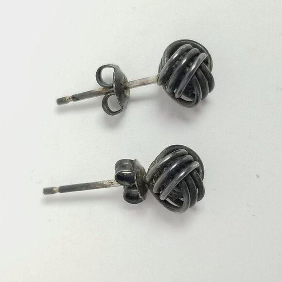 Vintage Sterling Silver Knot Stud Earrings, Tarnished, Classic Unisex Design - Picture 2 of 7
